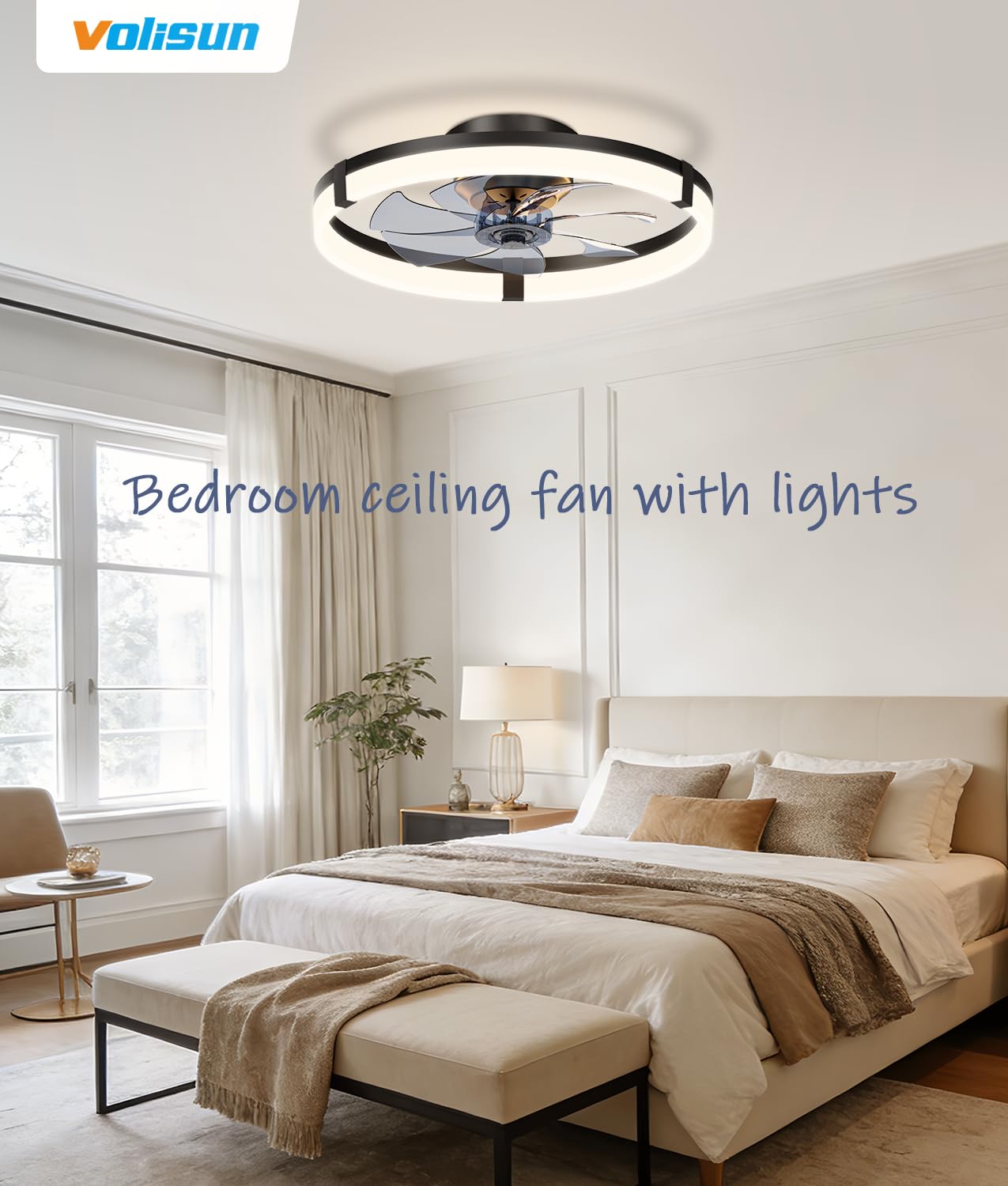 VOLISUN Low Profile Ceiling Fans with Lights and Remote, 20in Flush Mount Ceiling Fans with Light, 3000K-6500K Dimmable Fandelier Ceiling Fan, Black Bladeless Ceiling Fan for Bedroom