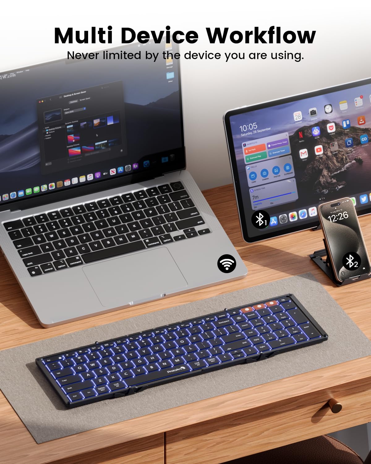 ProtoArc Backlit Foldable Keyboard, XK01 Plus Folding Portable Bluetooth Keyboard for Travel, True Full Size External Wireless Keyboard with Backlight for iPad Tablet Smartphone Laptop - Black