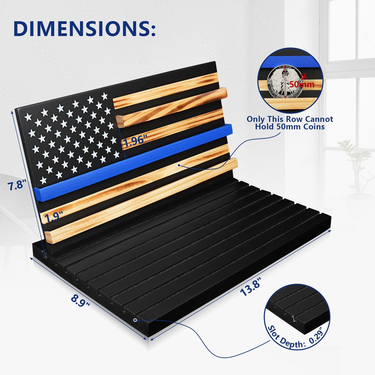 11 Rows Challenge Coin Display, Removable Military Coin Holder Display with American Flag, Wooden Coin Display Case Rack Holds 95-106 Coins,Black