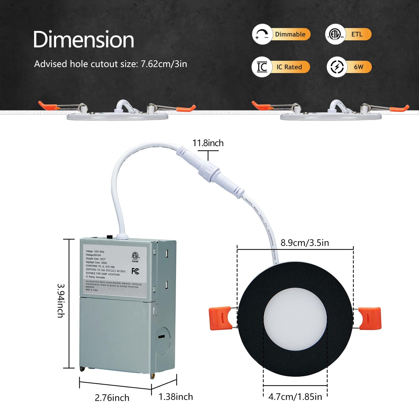 CycevSun 3 Inch Black LED Recessed Lights with Night Light, Dimmable & 5CCT Selectable Canless Downlight Wafer Outdoor Soffit, 6W, ETL, IC Rated, 6 Pack