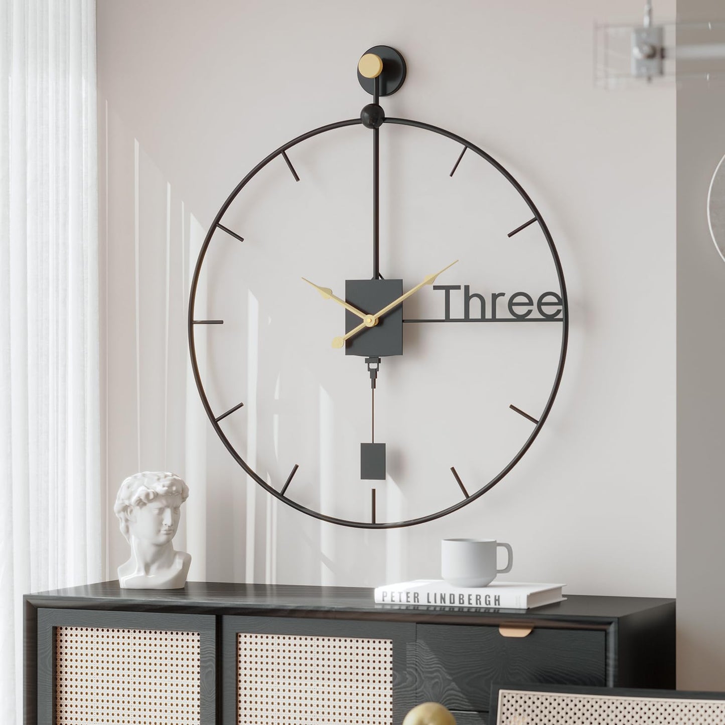 Cuspin Modern Large Wall Clock 24 inch with Pendulum, Battery Operated Silent Non-Ticking Metal Wall Clock for Living Room Decor, Decorative Hanging Clock for Bedroom, Office, Kitchen, Home