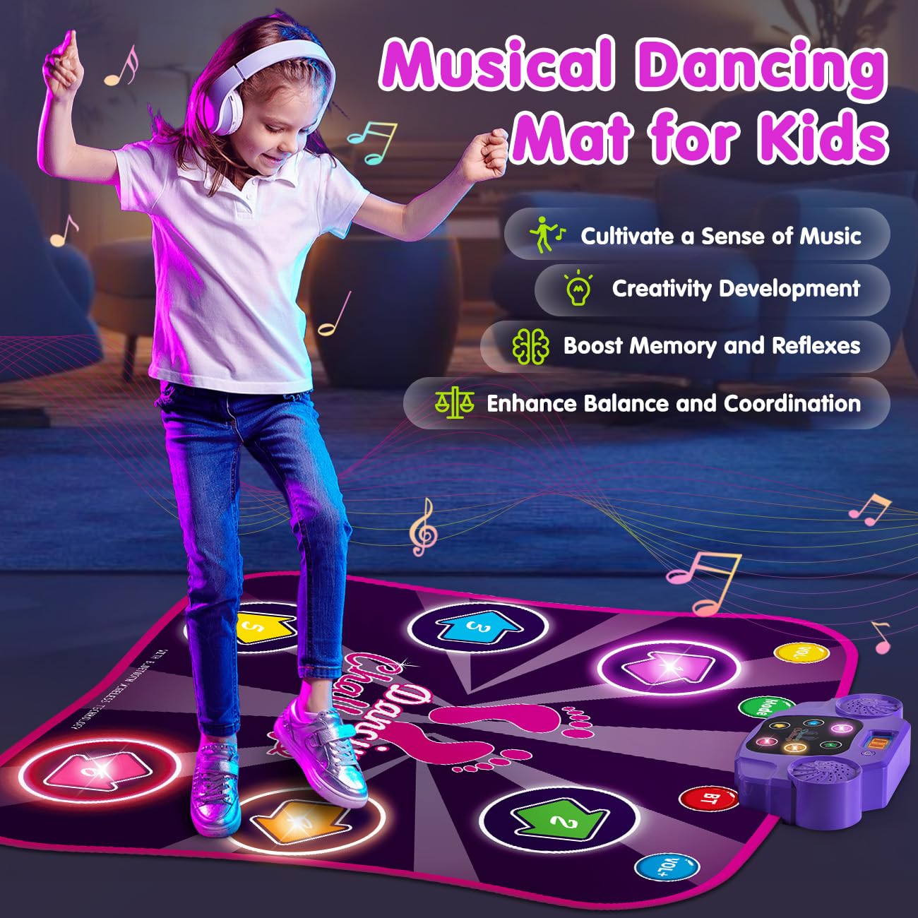 Kids Dance Mat for Girls - Toys for 4 5 6 7 8-10 Year Old Girl Birthday Gifts - Girl Toys for Ages 5-7 6-8 8-12 - Electronic Dance Pad with Light Up 6 Button - Wireless Bluetooth - 5 Game Modes