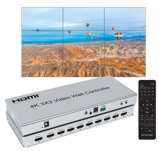4K 3x3 Video Wall Controller, 9 Channel HDMI 1.4 Splitter, with Out Audio, Remote Control & RS232, Button Press, Support 1x1 1x6 2x1 6x1 2x2 3x3 2x4 Modes, Cascade 3x4 4x3 4x4