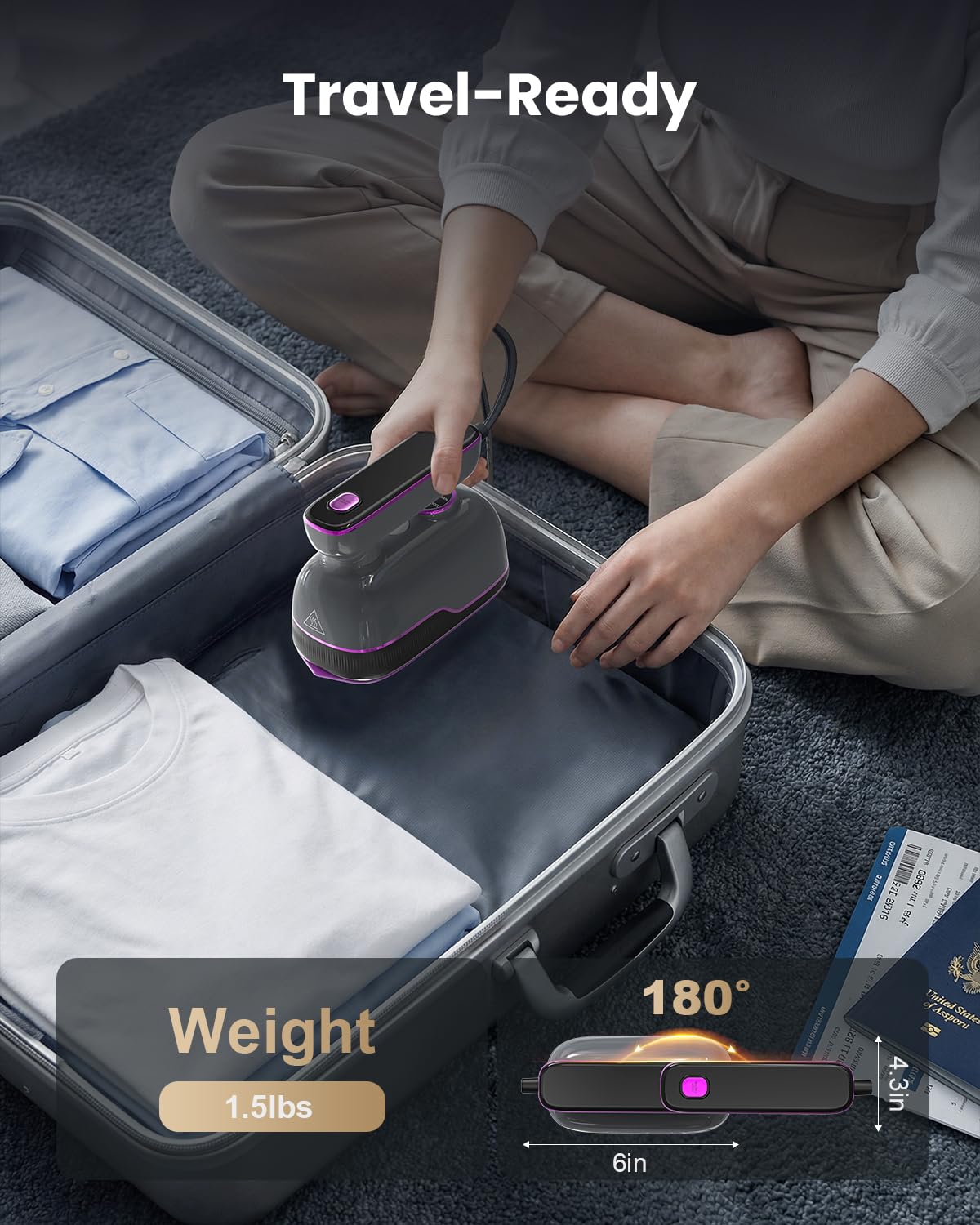 GREENYEE Travel Steamer Iron for Clothes, Portable Handheld Garment Steamer with 6 Smart Modes, Strong Penetrating Steam, 180° Rotatable Handle, 150ml Large Tank for Home & Travel (Light Gray)