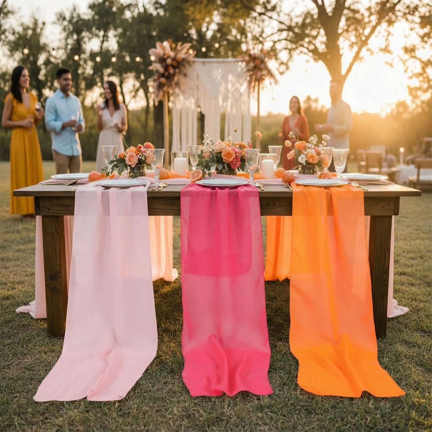 Boao 12 Pcs Red Pink Orange Party Decorations Table Runner Cloth 10Ft Boho Sheer Rustic Fabric Sunset Soiree Party Decorations for Wedding Birthday Baby Bridal Shower Graduation Dawn Sunset Decor