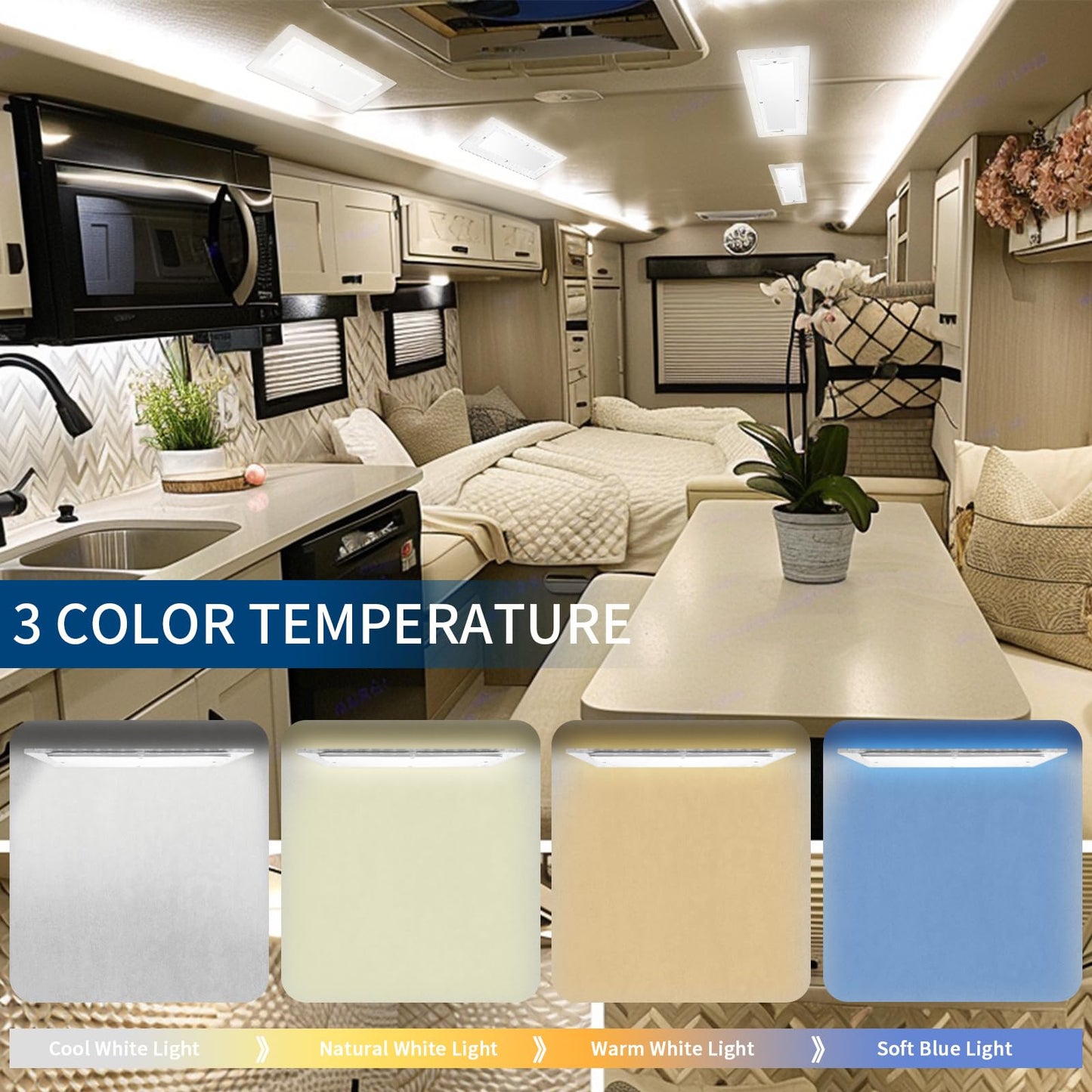 Miady RV Dimmable Lights Interior 1800 LM, 4 Color Temperature Warm Natural Cool White and Blue Ambient Lightting, 12V Volt Led Ceiling Dome Light for Camper/Car/Trailer/Boat, 4-Pack