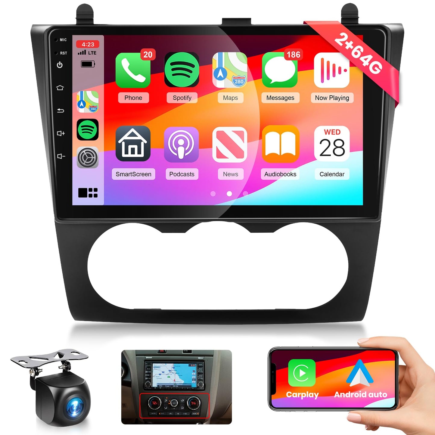 【HiFi 16EQ】 2G+64G Car Stereo Radio for Nissan Altima 2008-2012 Manual A/C with Carplay Android Auto MirrorLink,Podofo 9inch 1080P IPS HD IPS Touchscreen Bluetooth RDS FM Radio GPS WiFi Backup Camera