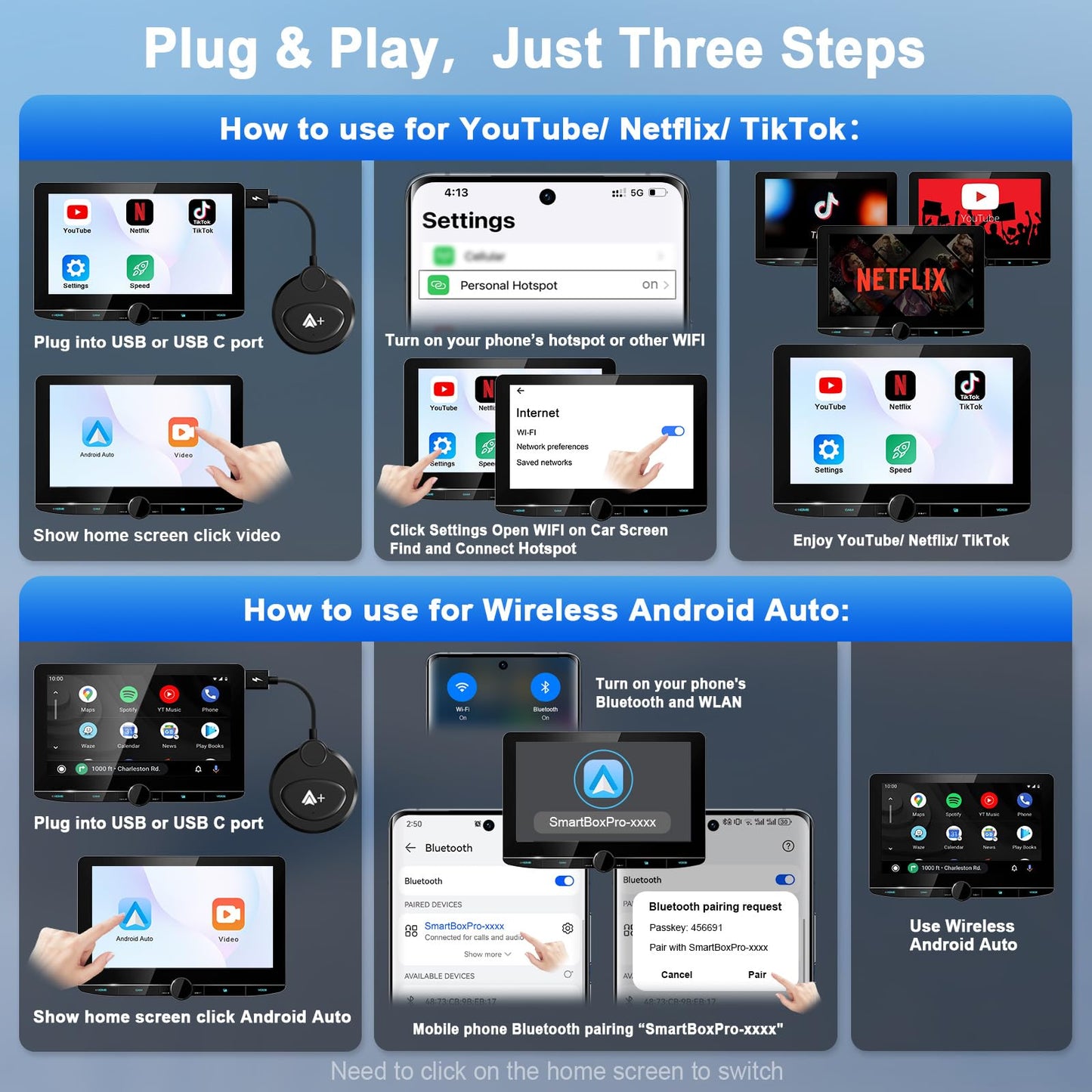 Android Auto Wireless Adapter Support Netflix YouTube Tiktok, Latest Wireless Android Auto Car Adapter for Factory Wired Android Auto to Wireless, Low Latency and Easy to Install
