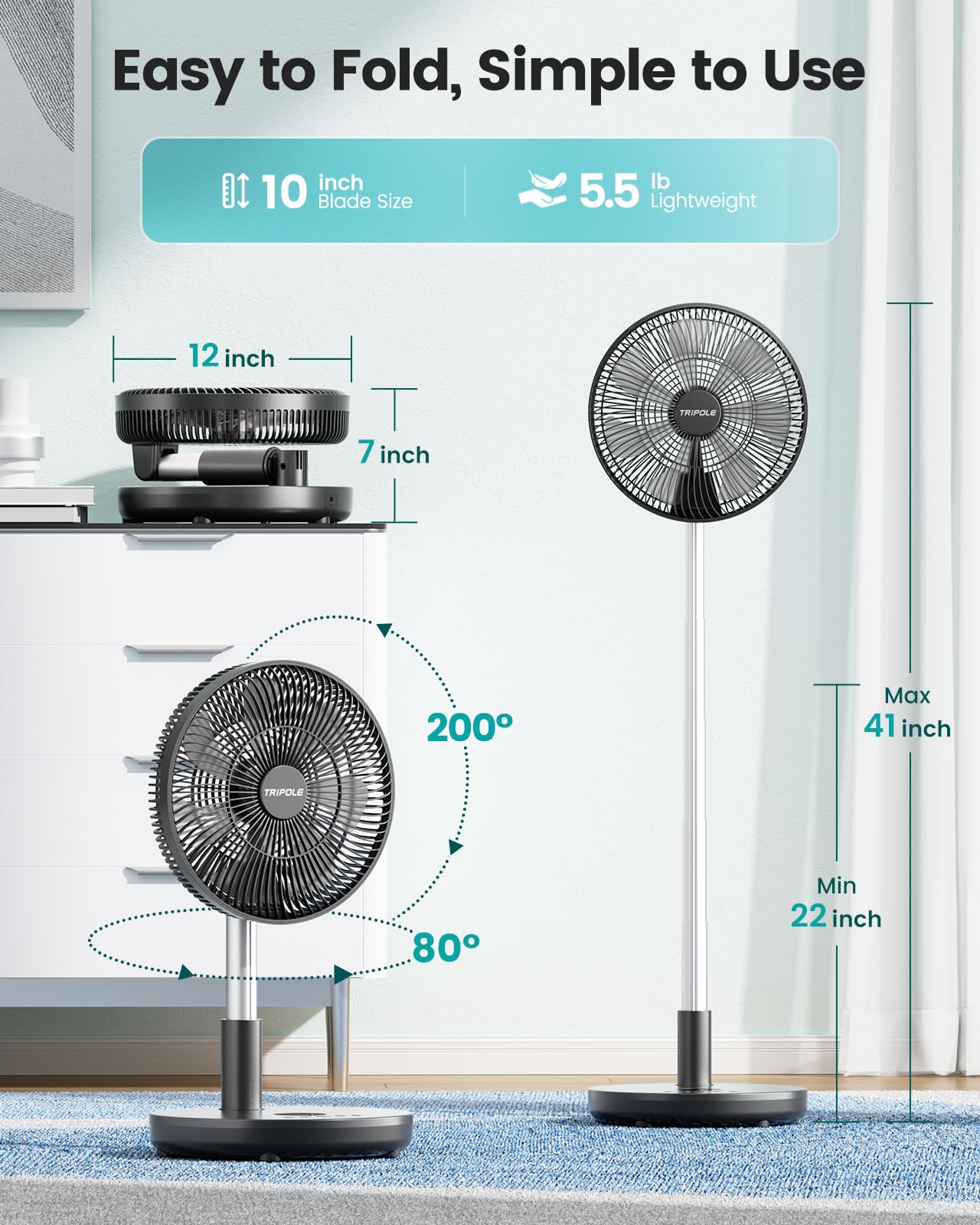 TriPole Foldable Standing Fan 12" Portable Rechargeable Battery Pedestal Fan with Remote, Timer Setting, Height Adjustable, for Home Office, 6 Speed, 12000mAh (Black)