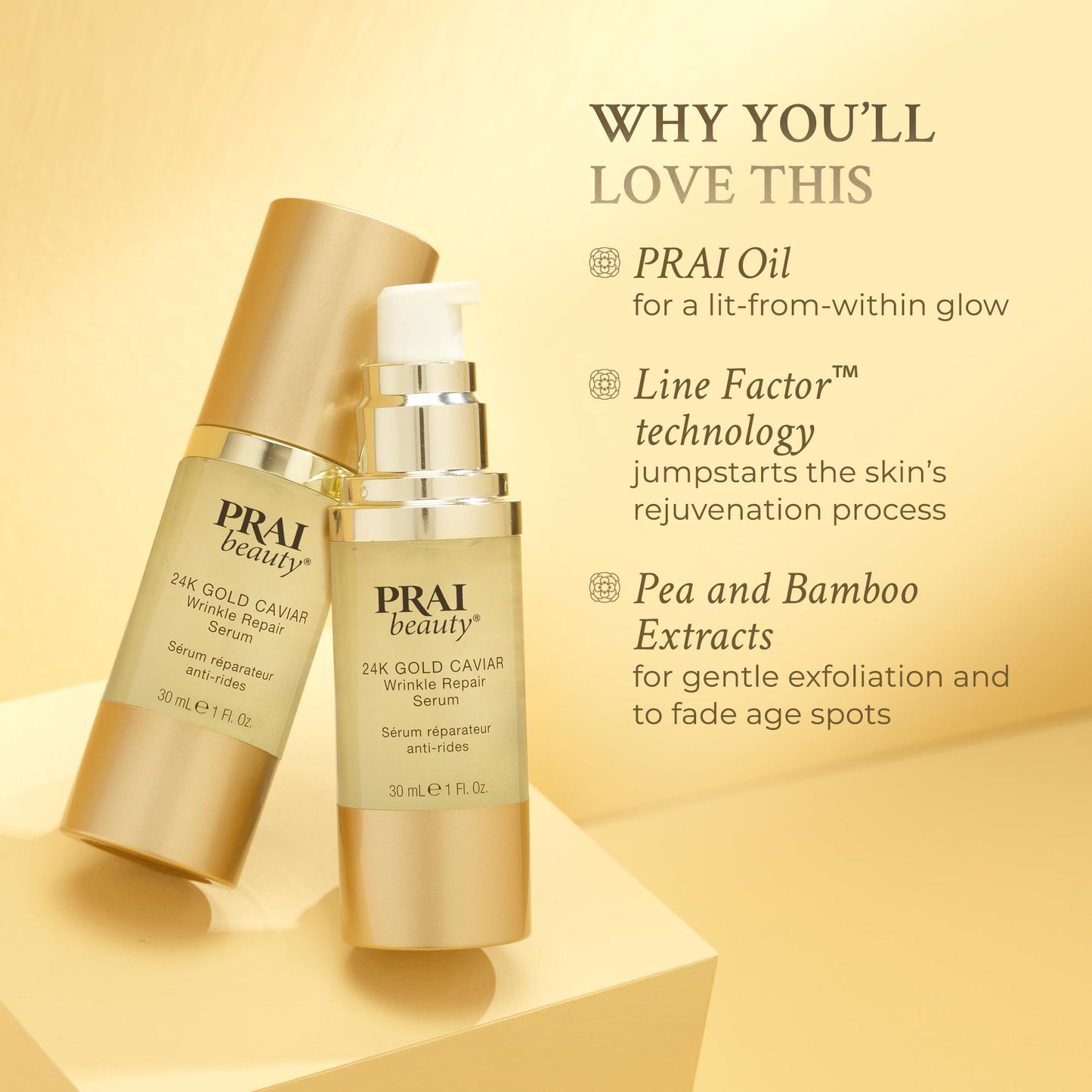 PRAI Beauty 24K Gold Caviar Wrinkle Repair Serum for Face | Anti-Aging Serum with Hyaluronic Acid to Plump and Fill In Wrinkles | Anti-Wrinkle Serum with Vitamin C for Brighter, Firmer Skin | 1.7 Oz