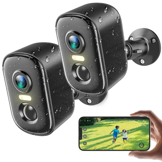 2K Security Cameras Wireless Outdoor, 2 Pack Battery Powered WiFi Cameras for Home Security with AI Motion Detection, Spotlight Color Night Vision, 2-Way Talk, Siren Alarm, IP65, Cloud/SD Storage
