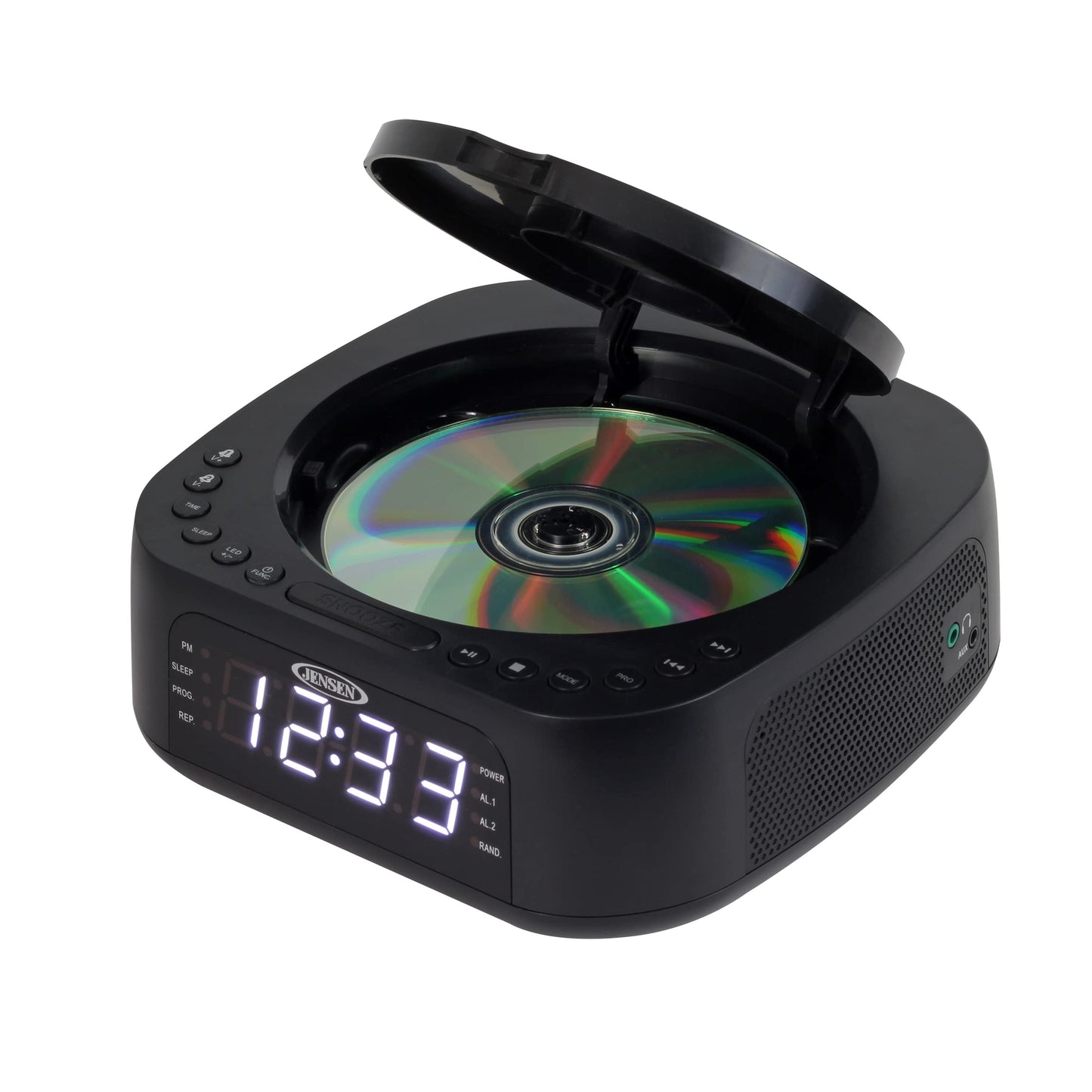 JENSEN JCR-375 Stereo Digital Dual-Alarm Clock with Top-Loading CD Player, FM Tuner, USB Charging Port, and Battery Backup