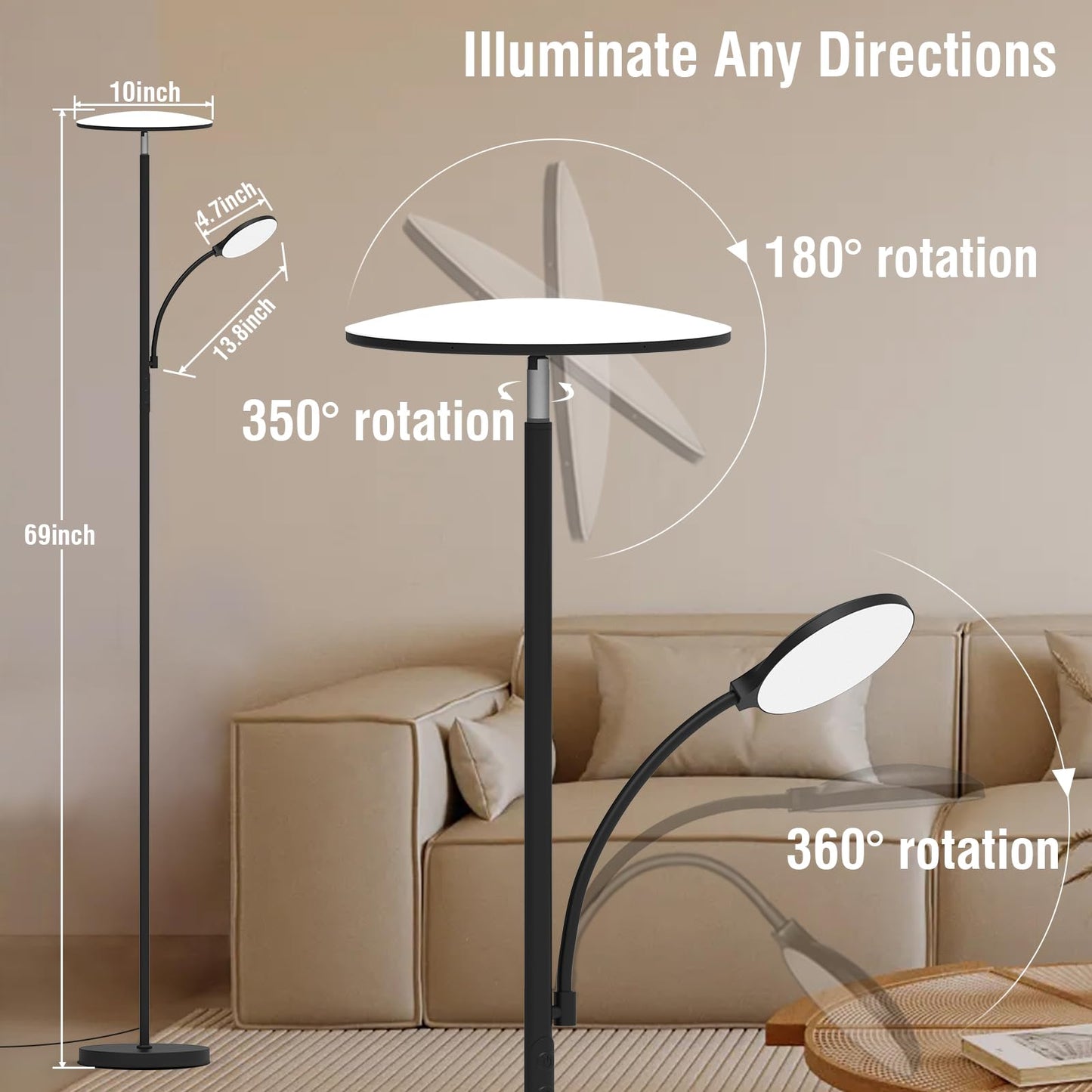 Floor Lamp, Upgraded 42W 4500LM Super Bright LED Floor Lamp with Rotatable Reading Light, Touch Remote Control & Memory Function, Stepless Dimmable Standing Lamp for Living Room Bedroom Office, Black