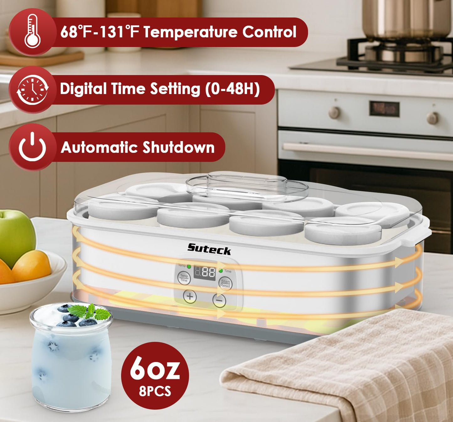 Suteck Yogurt Maker - Stainless Steel Yogurt Makers with Adjustable Time & Temp Control，Automatic Shut-Off & Constant Temper for Homemade Greek, Probiotic Yogurt, BPA-Free 8 Glass Jars (48 oz)