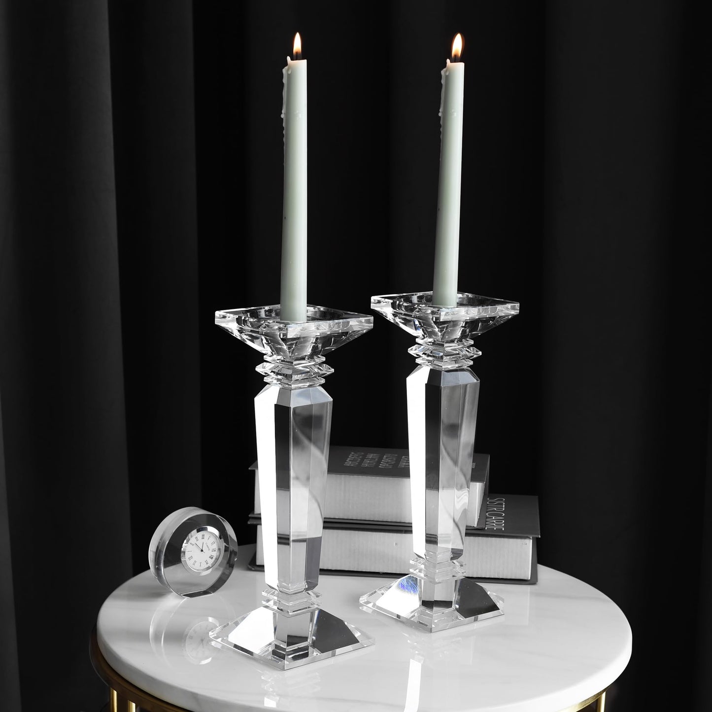 DONOUCLS Crystal Candlestick Holders 2 Pack- Clear Crystal Taper/Pillar Candles Holder– Table Centerpieces for Party and Wedding Decoration(10.6in Tall)