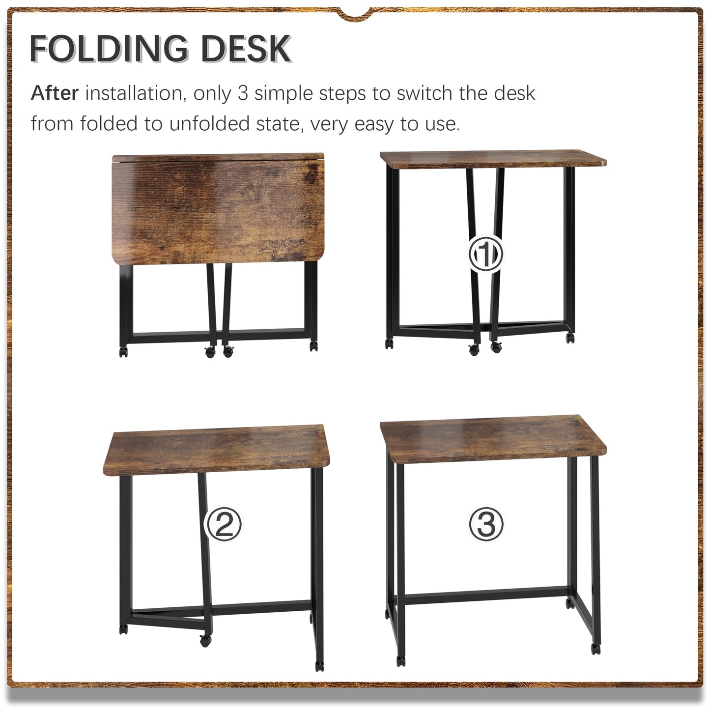 4NM 23.6" Mobile Small Folding Desk, Foldable Rolling Computer Home Office Desk, Study Writing Table for Small Space Saving Bedroom, with Wheels - Rustic Brown and Black