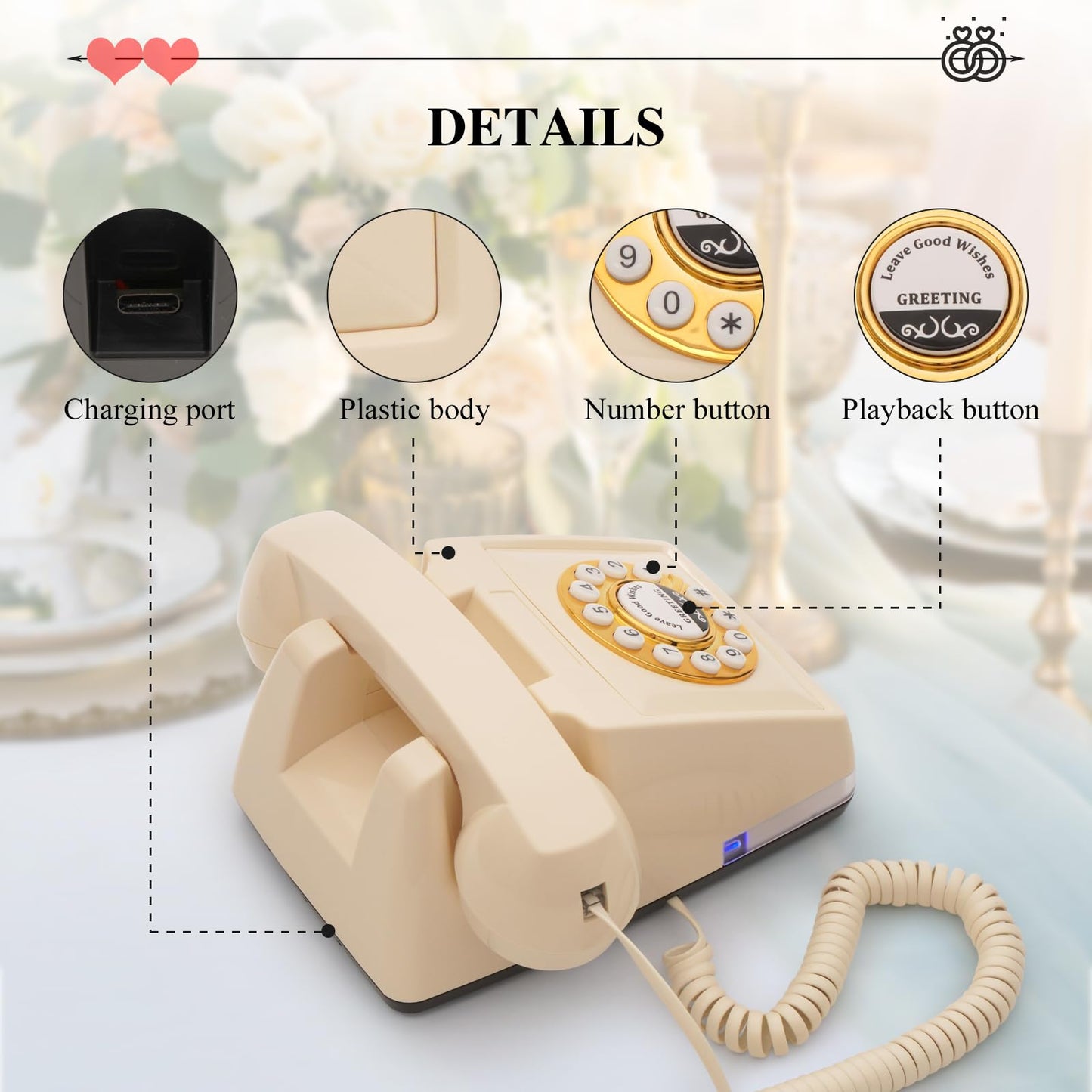 UKBW Audio Guest Book Wedding Phone, 32G Record Customized Audio Message with Guest Book, Retro Style Audio Guestbook for Birthdays Parties Confessions Special Occasions, Beige