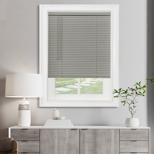 Cordless Light Filtering Mini Blind - 52 Inch Width, 64 Inch Length, 1" Slat Size - Grey - Cordless GII Morningstar Horizontal Windows Blinds for Interior by Achim Home Decor