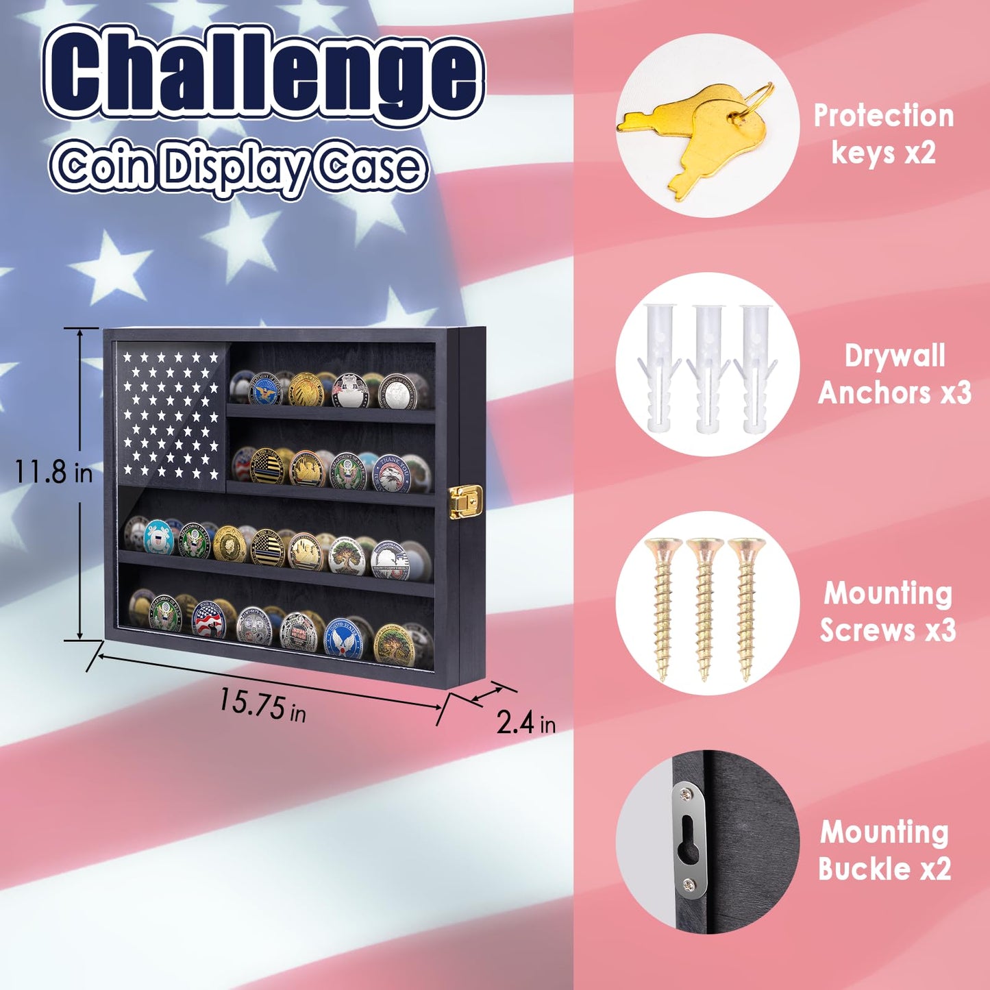 Military Challenge Coin Display Case, 16”x12” Wooden American Flag Medal Shadow Box with Anti-Fade UHD Acrylic Door, Gold-Antitheft Lock, 2 Groove Shelves and Wall Mount (Black184)