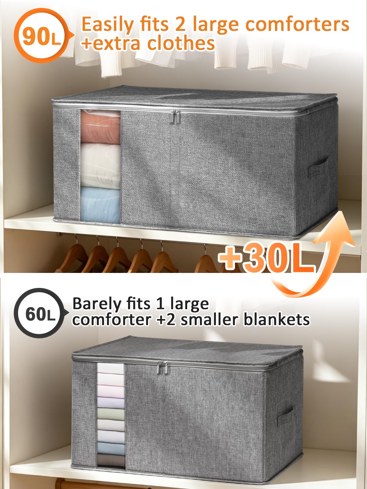 punemi King Size Comforter Storage Bag w/Sturdy Structure, 90L Extra Large Blanket Storage Bag for Bedding, Pillows, Quilts&Duvets, Stackable Closet Organizer with Clear Window,25.6x17.3x11.8in,Gray