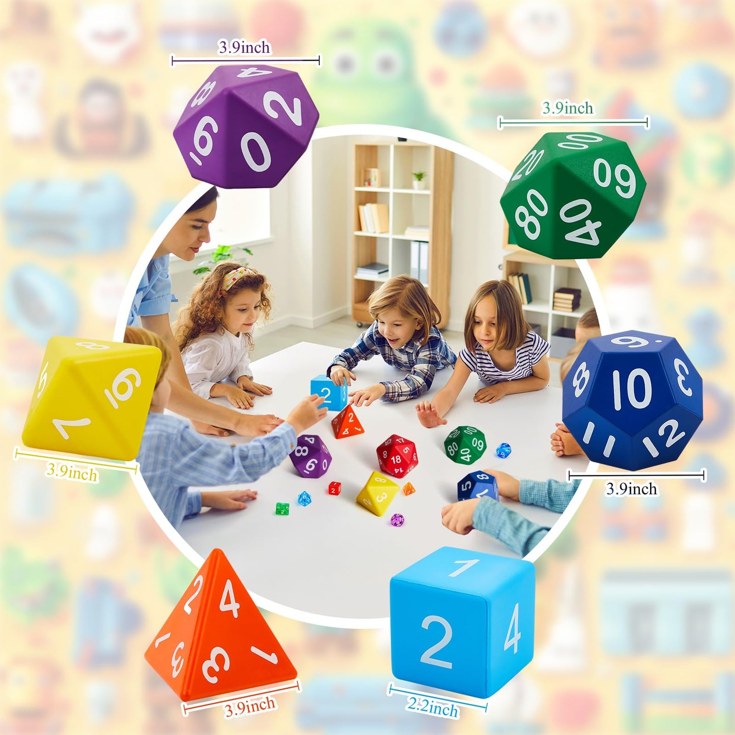 Arrowbash 6 Pcs Jumbo Polyhedra Dice 3.94 Inch Jumbo Foam Polyhedral Dice 6 Set 4, 6, 8, 10, 12 Sides Gifts for Games Teach Numbers Addition Subtraction Probability Learning, Multicolor