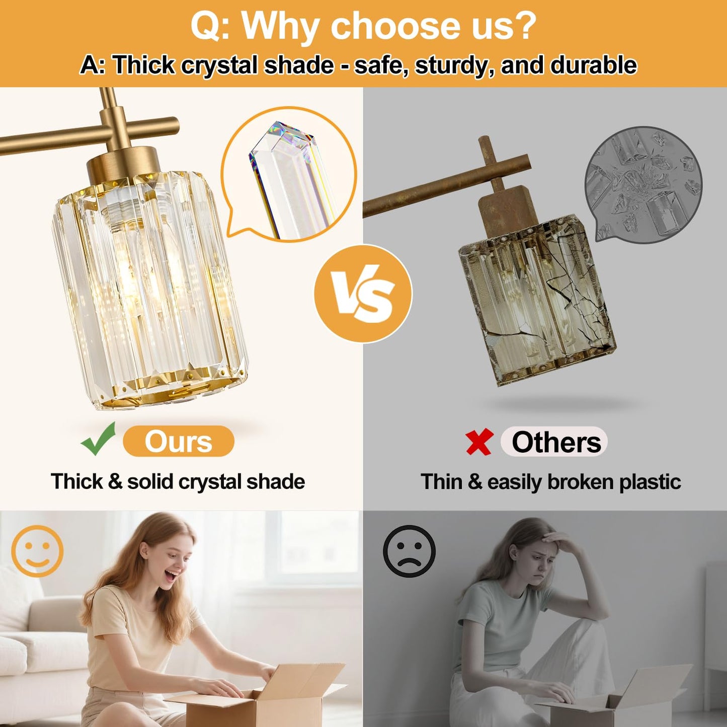 Meybiok Modern Crystal Bathroom Vanity Light, 3-Light Brushed Gold Bathroom Light Fixtures with Clear Shades, Vanity Lighting Fixtures Over Mirror (Exclude Bulb)