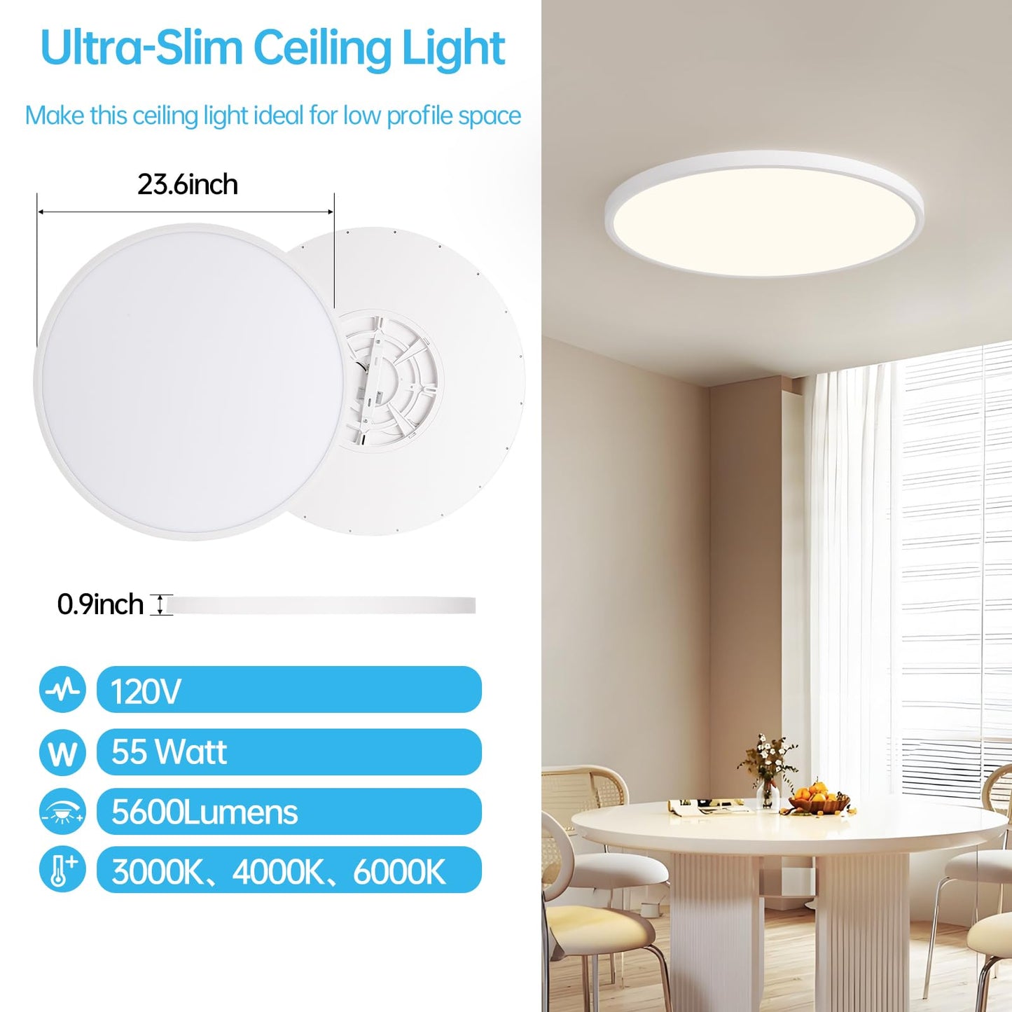 Stkzenod 24 Inch Large LED Flush Mount Ceiling Light Fixture,55W,5600LM,3000K/4000K/6000K CCT Selectable,0.9 inch Super Slim Round Ceiling Light for Bedroom,Hallway,Kitchen (Dimmable White 1PK)