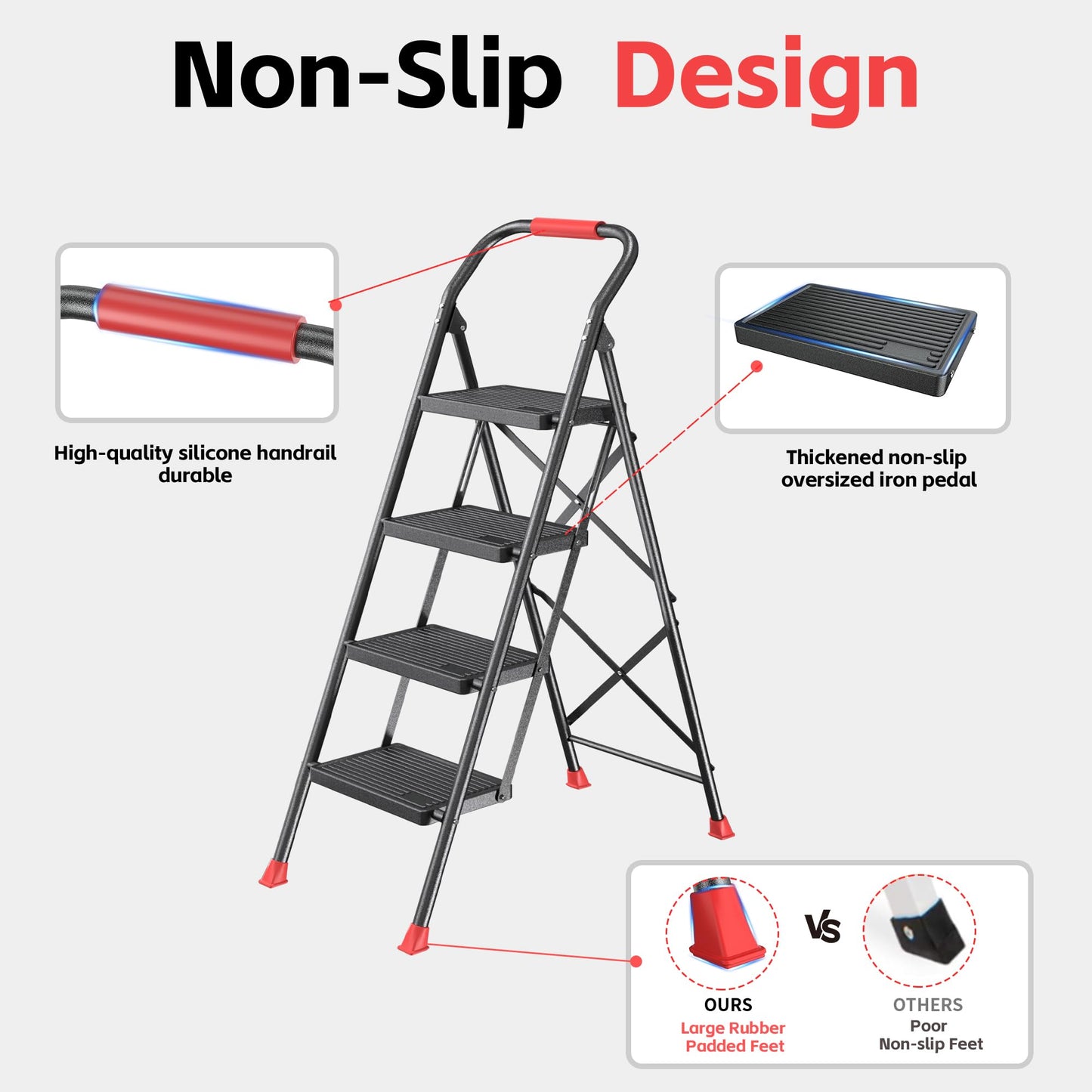 Step Ladder Foldable Folding Stool - for Home Adults Kitchen 4 Stepping Extension Tall Heavy Duty with Handrails - Closet Stepstool Stair Ladders Extendable Stepladder for Indoor House 600Lbs