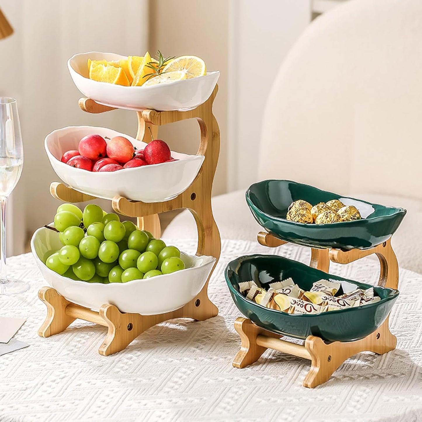HOMKULA 3 Tier Ceramic Fruit Bowl for Kitchen Counter - Decorative Tiered Fruit Basket Holder Stand Organizer for Kitchen Countertop (White)