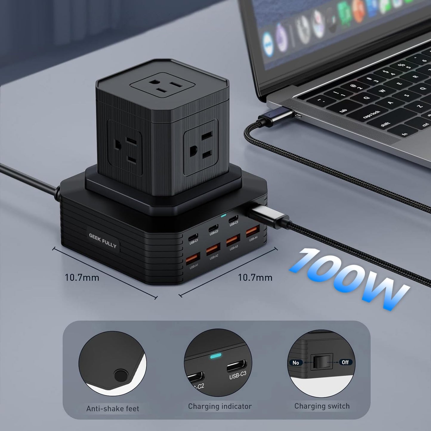 GEEK FULLY Charging Station (100W), 13-in-1 USB C Power Strip with Surge Protection, 6.6Ft Extension Cord, 4 USB C and 4 USB A Ports, 5 AC Outlets for Home Office Dorm Room