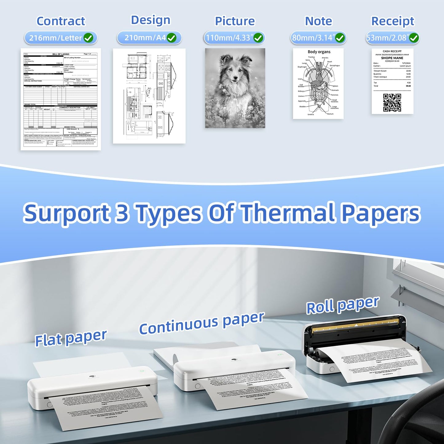 Phomemo Portable Printer, Wireless Bluetooth Thermal Printers, Support 8.5" x 11" and A4 Szie Thermal Paper, Compatible with iOS, Android & PC, Mobile Printer for Travel, Office, School, White