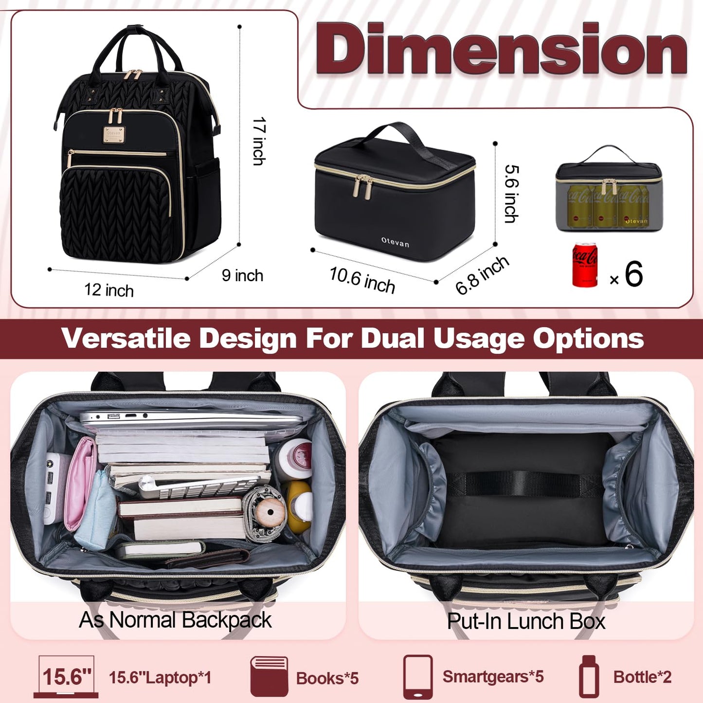 Otevan Lunch Backpack for Women,Work Backpack for Women, 15.6 inch Laptop Backpack with Lunch Bag,Teacher Nurse Insulated Lunchbox Backpack for Women, Black Upgrade, 24009
