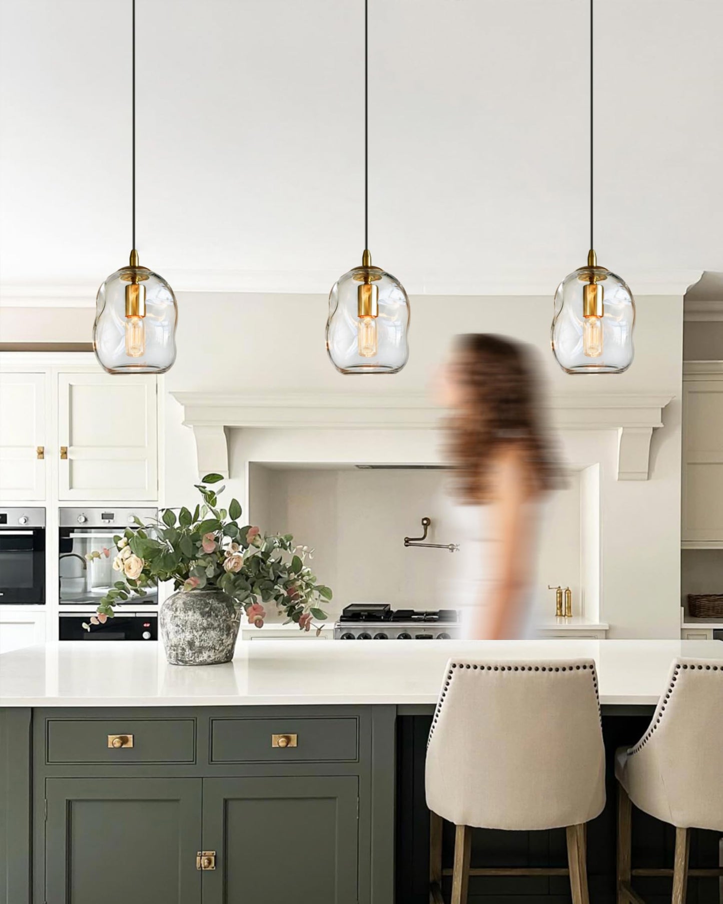 CASAMOTION Modern Glass Pendant Lights Kitchen Island Brass Gold Hardware Organic Globe Industrial Design Over Sink Bar Counter Porch Small Medium Lamp Shade 8 Inch Height