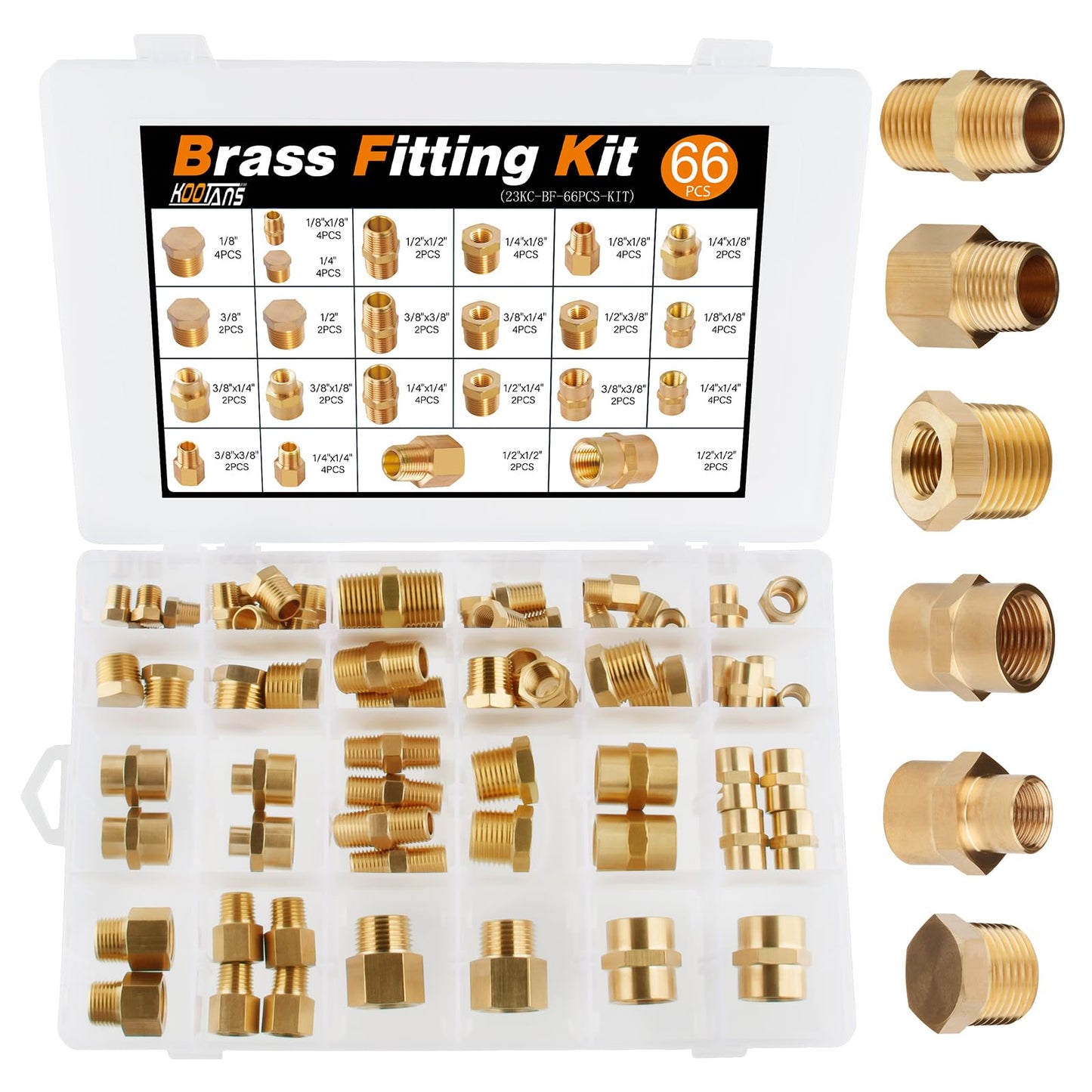 KOOTANS 66pcs Brass Pipe Fittings Assortment NPT Adapter Fitting, Reducer Bushing, Hex Nipple, Reducing Hex Coupling, Pipe Head Brass Plug Kit