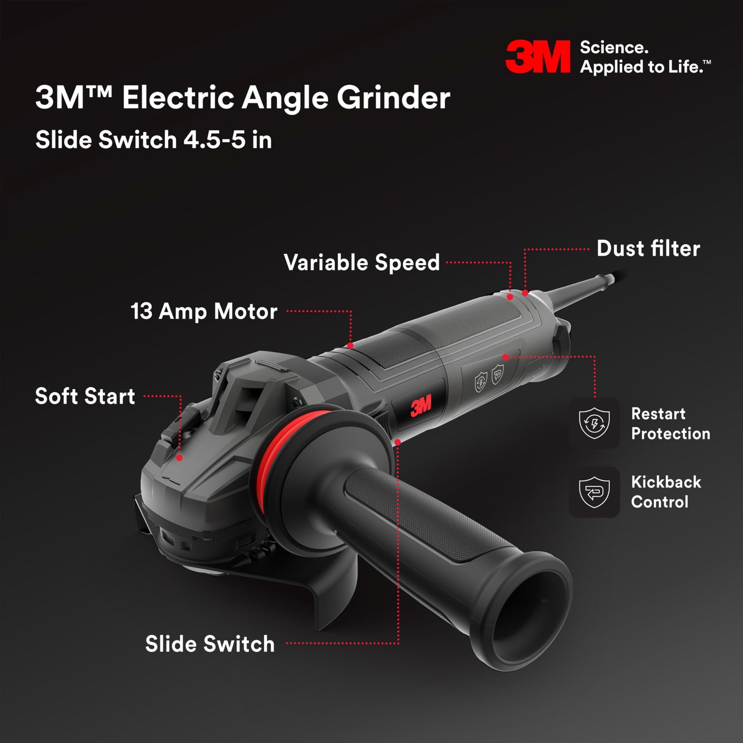 3M™ Electric Angle Grinder, 11131, VS, 6 in Paddle Switch, 120V, 1 EA