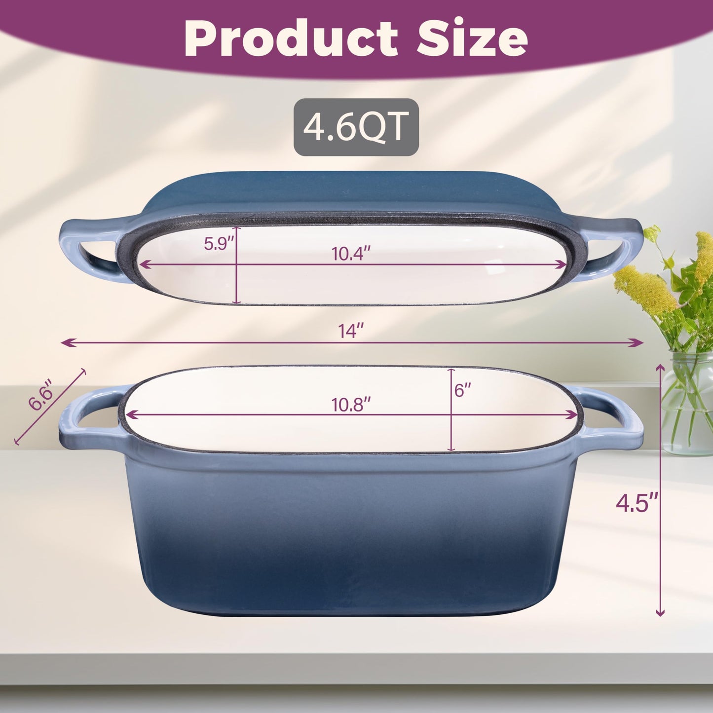 Vanderlume 4.6-Quart Oval Dutch Oven for Bread Baking, 2 in 1 Enameled Cast Iron Bread Pan with Lid, Sourdough Baking Pan for a Crispy Crust, Seasalt