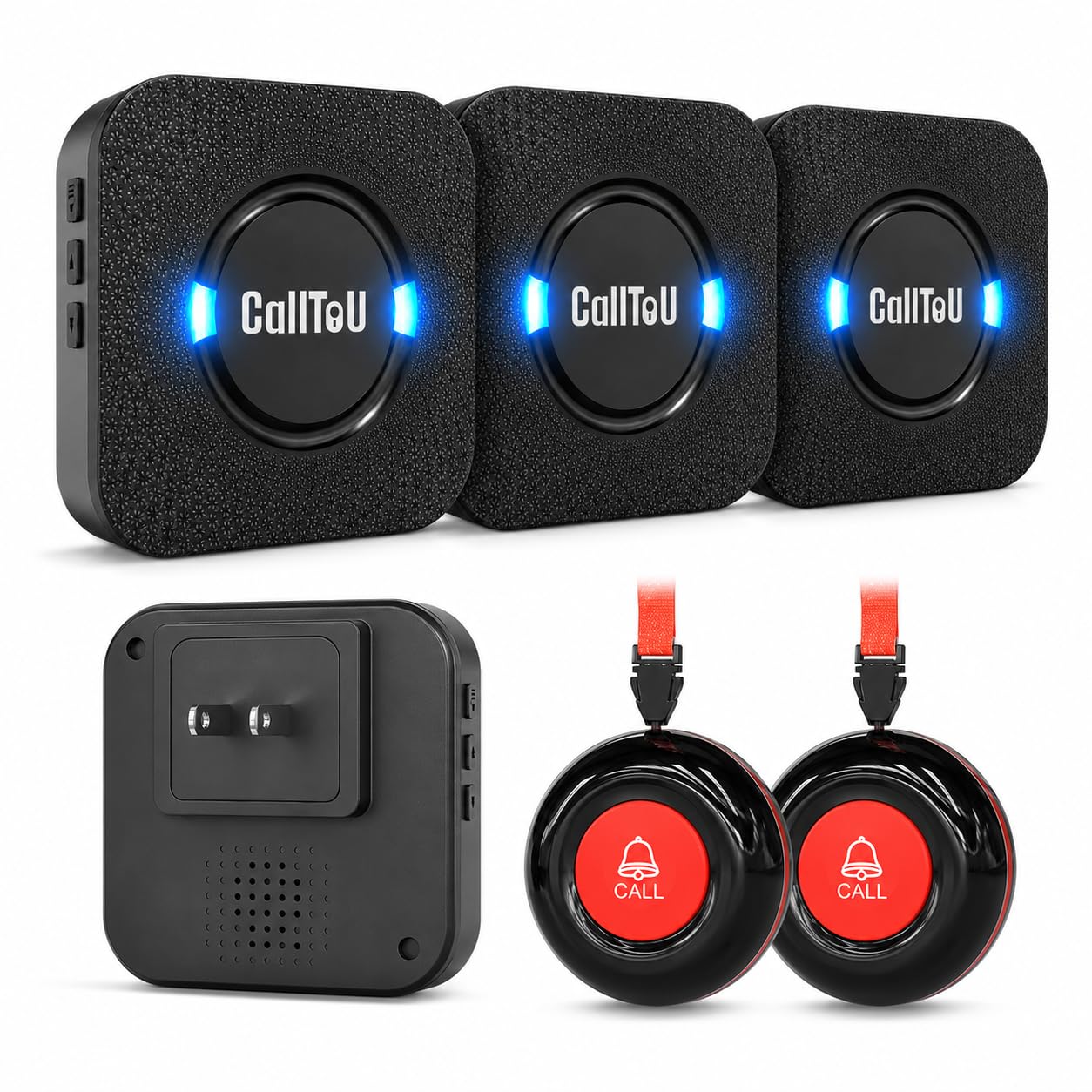 CallToU Caregiver Pager Wireless Call Button for Elderly at Home, 500+ ft Open Area Long Range Through Walls, 3 Plug-in Receivers and 2 Waterproof SOS Buttons, Home Nurse Call System