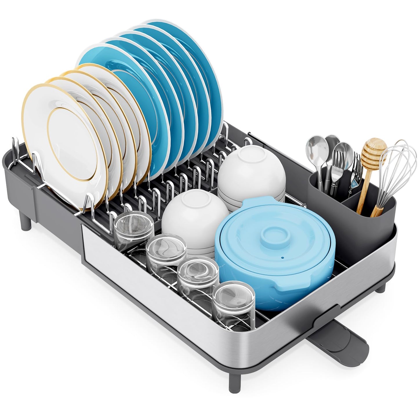 Urackify Dish Drying Rack - Dish Drainer for Kitchen Counter, Stainless Steel Dish Rack with Swivel Draining Spout & Drain Board, Expandable Space-Saving Kitchen Dish Organizer for 3-4 People, Grey