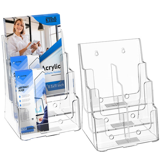 KTRIO Acrylic Brochure Holder 8.5x11 Inch, 3 Tier Literature Display Stand Clear Magazine Holder with Removable Divider for 4-inch Pamphlet, Flyers, Trifold Booklet, Wall Mount & Countertop, 2 Pack