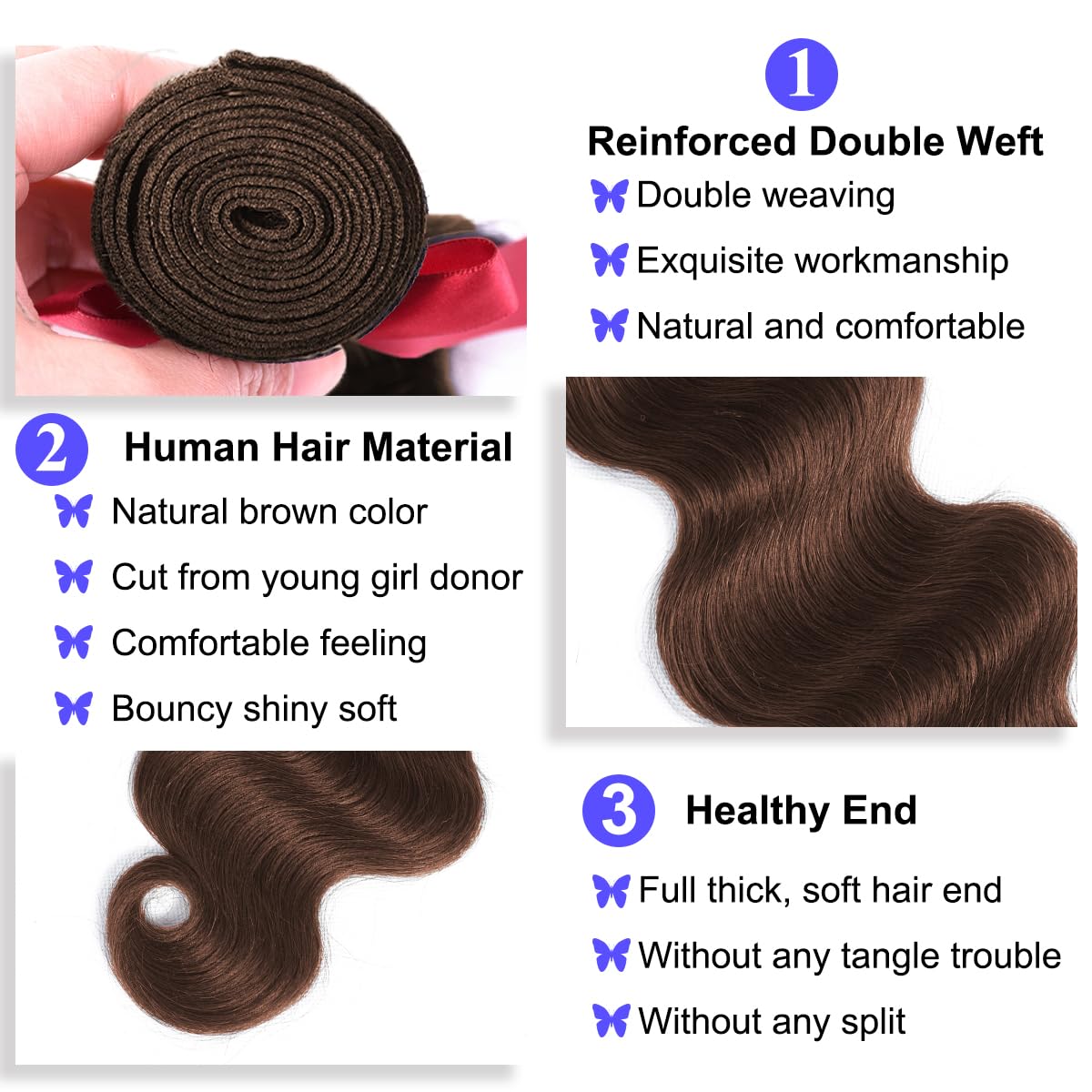 LUXEDIVA 12A Body Wave Bundles Human Hair 16 18 20 Inch Brown Human Hair Bundles 100% Unprocessed Indian Virgin Hair 3 Bundles Deal Weave Dark Brown Hair Extensions with Edges Stripes Baby Hair