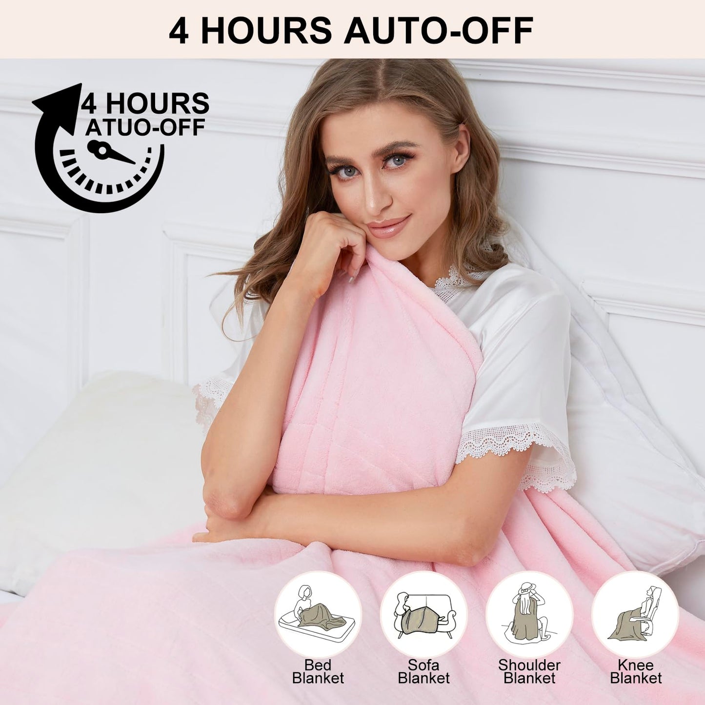 YANYEA Electric Heated Throw Blanket Sherpa 50"x60" Pink Machine Washable 6 Heat Settings 4 Hours Auto Off Overheat Protection for Home Office Use