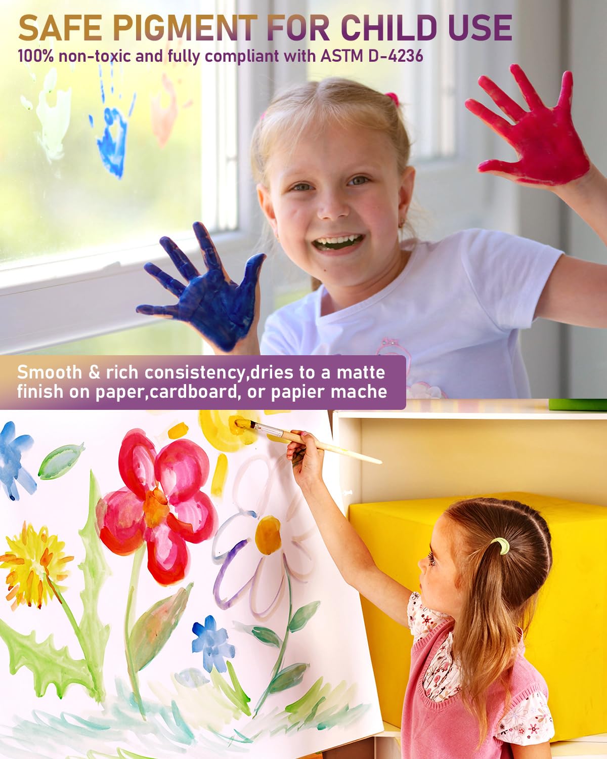 Nicpro 18 Colors Large Washable Paint Set for Kid (8.4oz,250 ml), Acrylic Bulk Paint Supplies Non Toxic Children Tempera Paint for Art, DIY Craft Supplies, Poster & Finger Paint, School, Home,Classroom, Party
