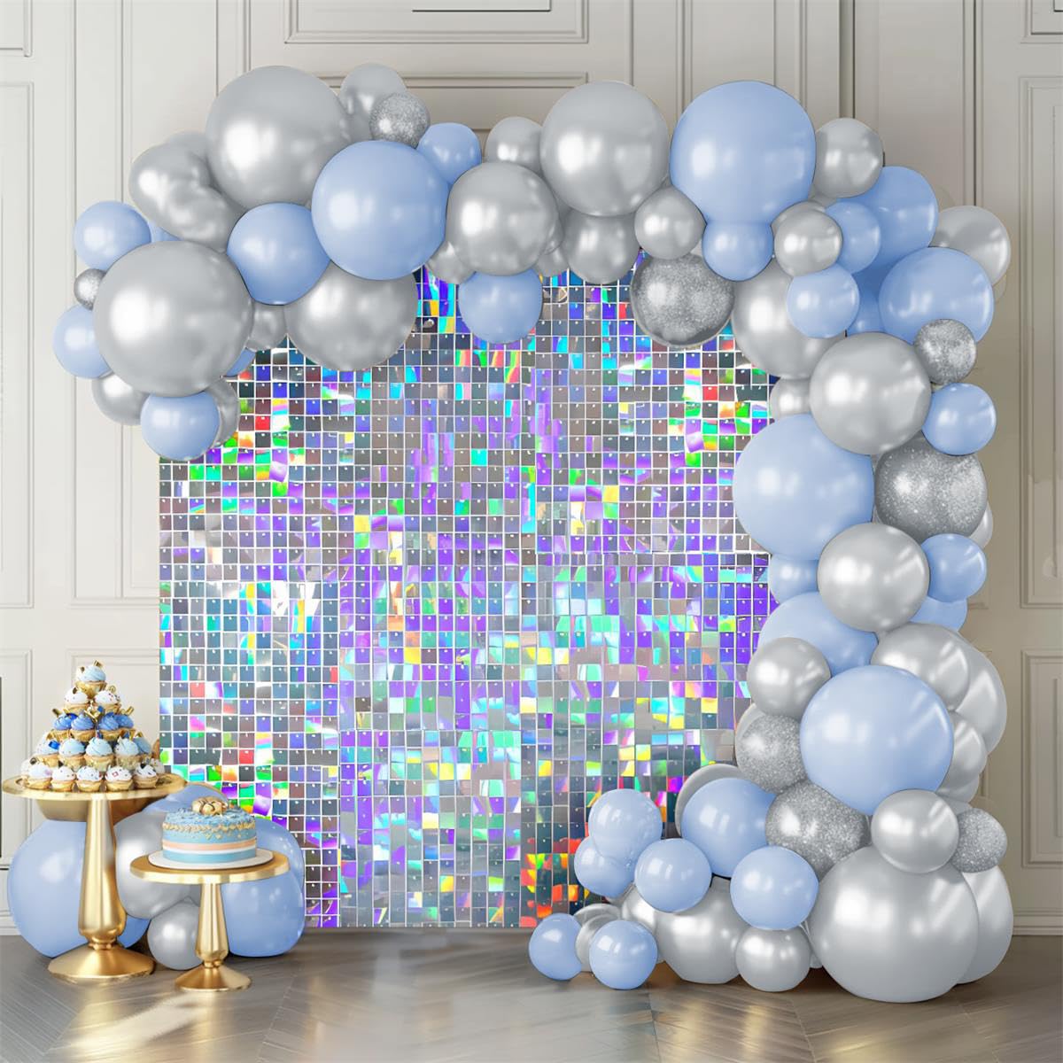 Shimmer Wall Backdrop Iridescent Silver Wall Panels 24Pcs Square Sequin Shimmer Wall Backdrop Decoration for Birthday Party,Wedding, Anniversary