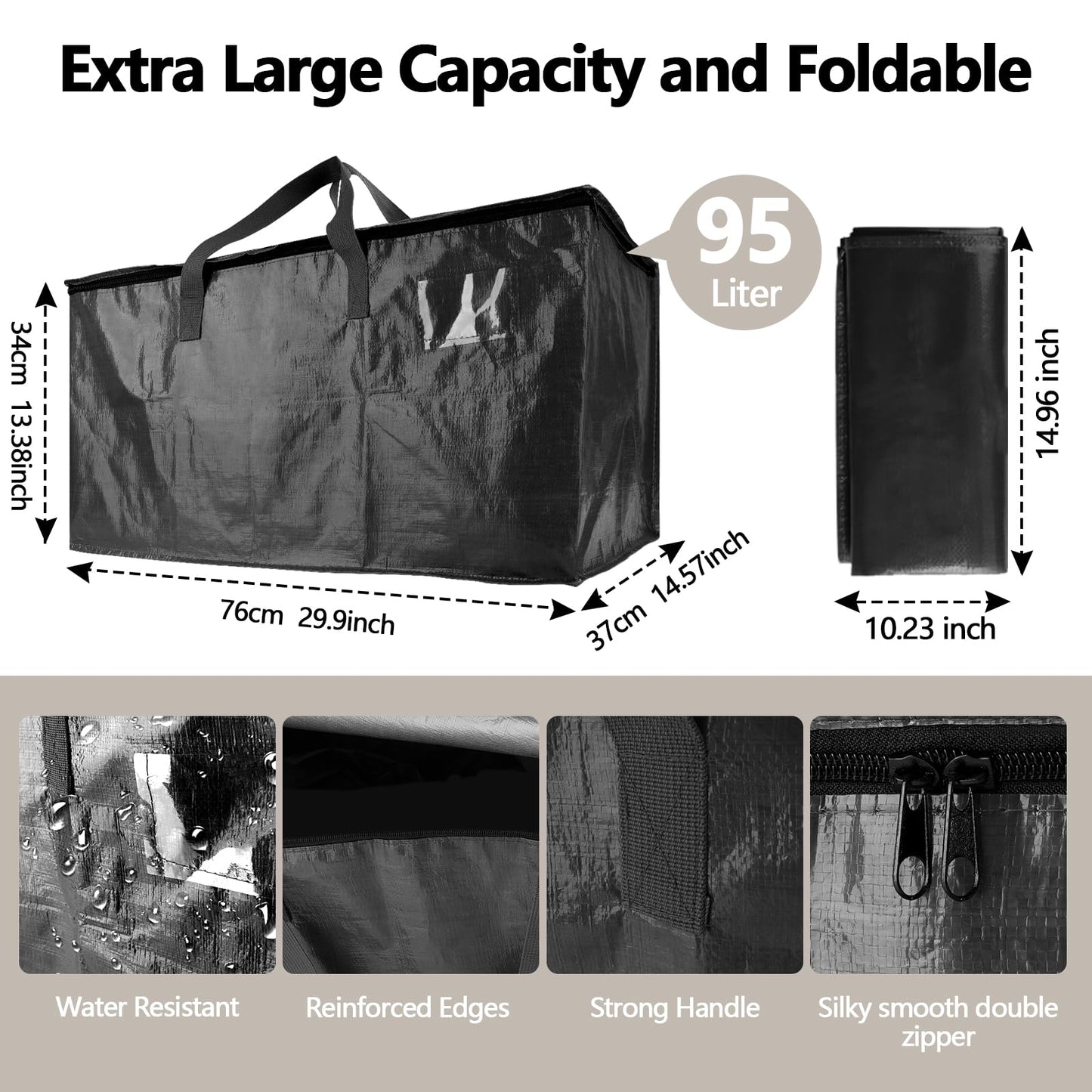 12 Pack Waterproof Moving Bags with Strong Zippers and Reinforced Handles, Real 100lb Capacity Extra Heavy Duty Large Storage Totes for Packing & Moving Storing, Alternative to Moving Boxes -95L,Black