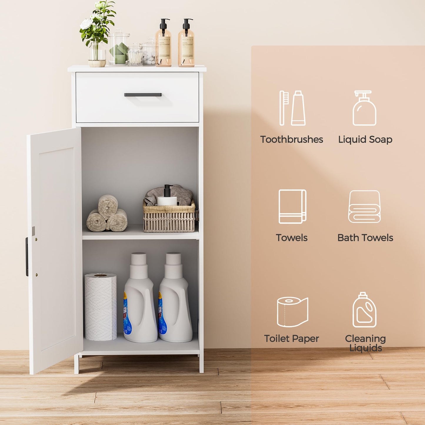 Homhedy 35.4" H Bathroom Cabinet with Drawer, Bathroom Organizers and Storage, Adjustable Shelf, Floor Cabinet for Living Room, Entryway, Kitchen, White, (15.7" W)