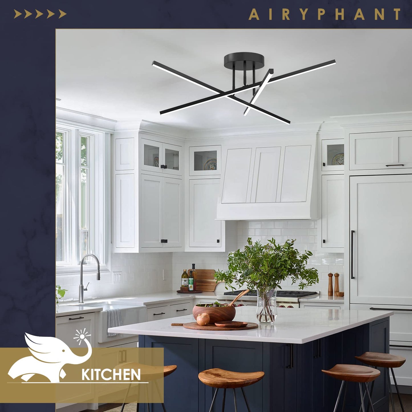 AIRYPHANT Modern LED Chandelier 24W Dimmable Black Semi Flush Mount Ceiling Light Fixture for Kitchen Dining Room Foyer Entry, 23.82"