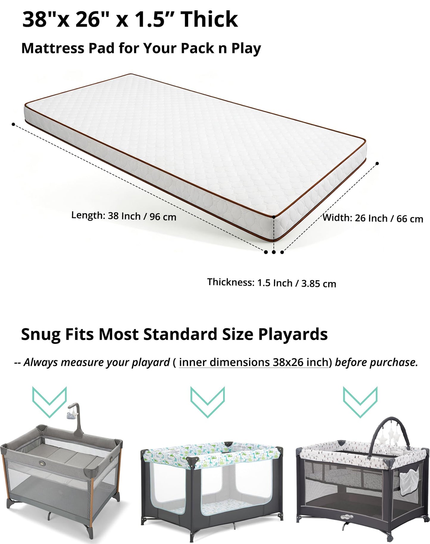 Pack and Play Mattress Pad, 38"x26" Playpen Mattress for Graco Pack n Play, Baby Trend, Pamo Babe Playard, 1.5" Thick, Breathable Washable Cover, No Gap 3D Piped Edge, White