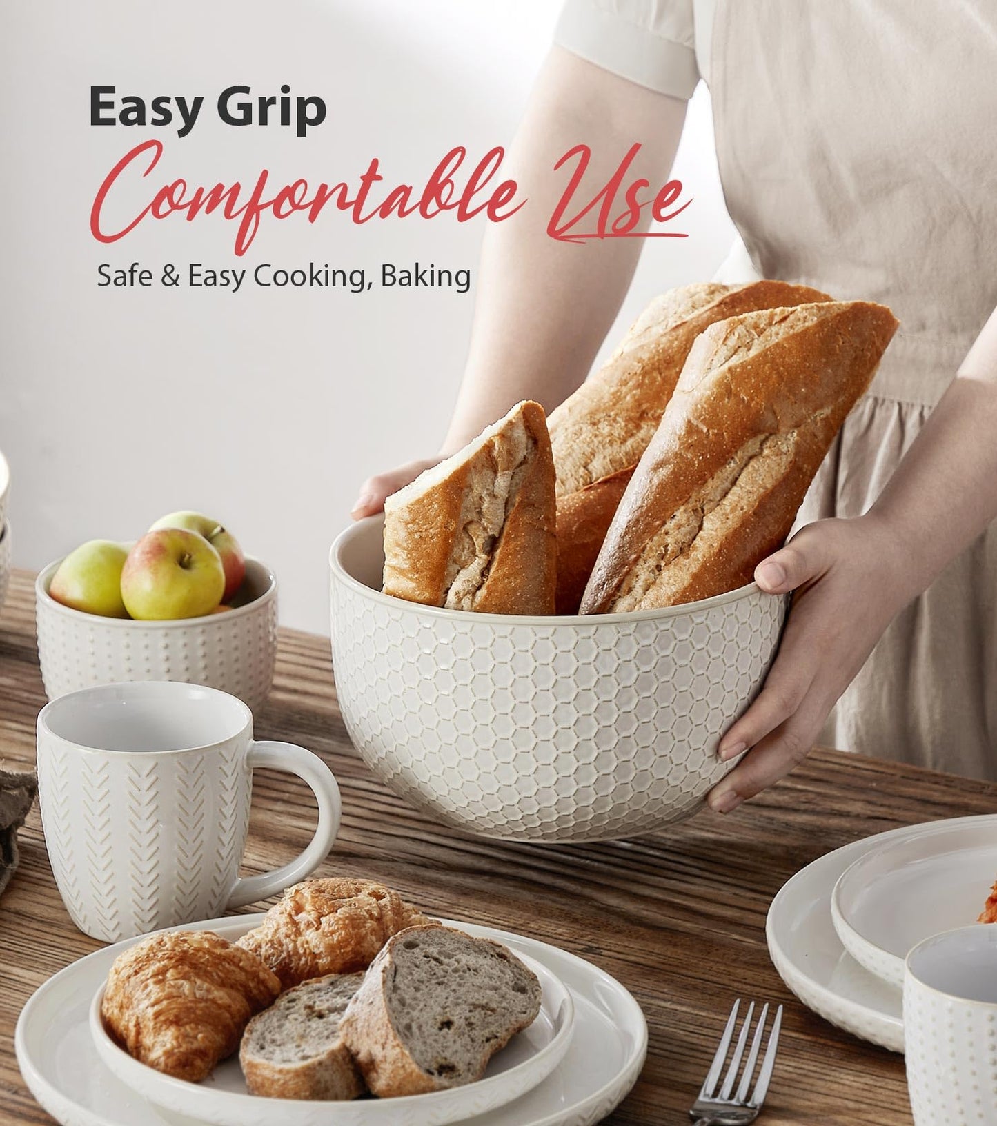 Lareina Ceramic Large Mixing Bowls Set of 4, Nesting Bowls for Cooking, Baking, Salad Etc, Serving Bowls Gift, Kitchen Stoneware, Oven, Microwave and Dishwasher Safe - 20/44/98/145 OZ, Ivory White