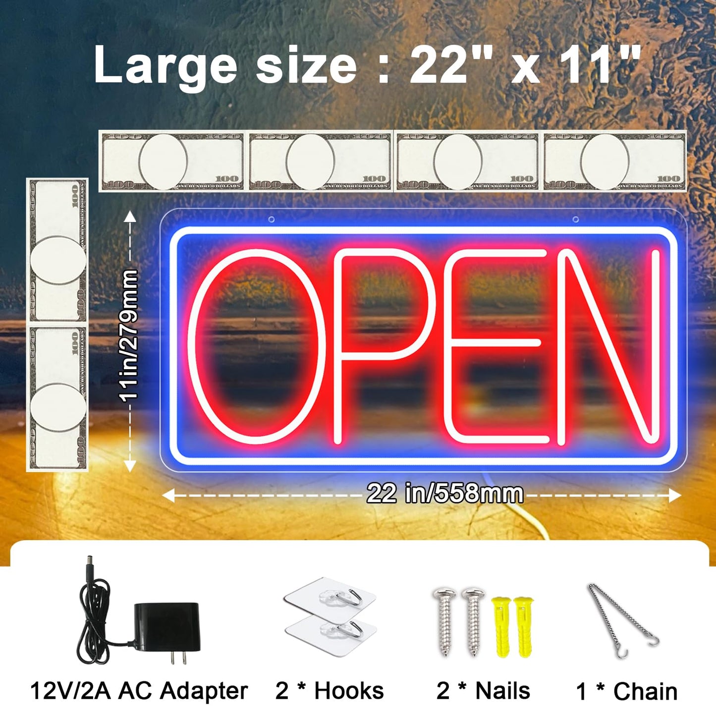 22" X 11" Led Neon Open Signs for Business, Large Open Signs, Plug In Electric Light Up with ON/OFF Switch, Ultra Bright Open Sign for Bar Salon Coffee Stores Club Hotel