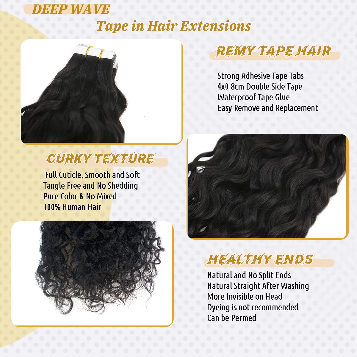 Natural Black Water Wave Tape in Human Hair Extension Black Women,100% Brazilian Virgin Hair Skin Weft Loose Wave Tape on Double Sided Hair Extensions for Short Hair…